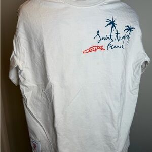 Zara Boys 9/10 White Tee with Navy Palm Script and Red Accent